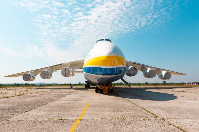 Gostomel, Ukraine - August 20, 2020: Airplane Antonov AN-225 Mriya in Gostomel Airport. Gostomel, Ukraine - August 20, 2020: Airplane Antonov AN-225 Mriya in Gostomel Airport