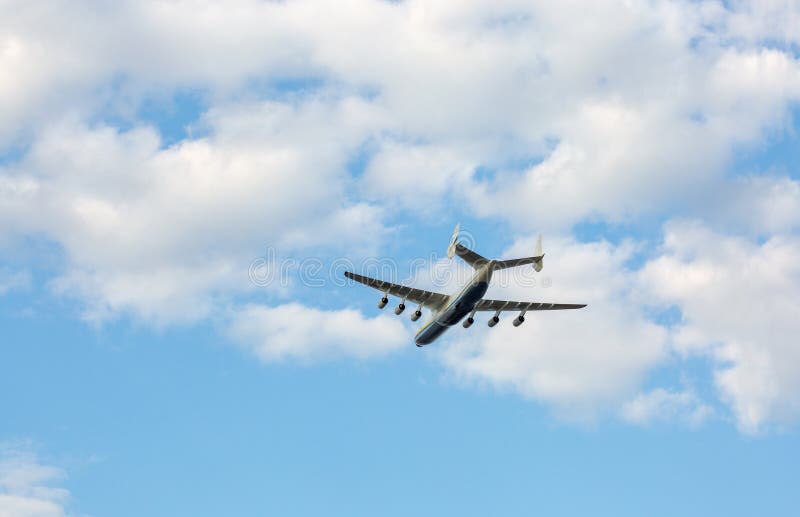 Kyiv, Ukraine - August 22., 2021: Airplane Antonov AN-225 Mriya, world's largest transport aircraft. It was destroyed at Hostomel airfield after russian invasion to Ukraine in 2022. Kyiv, Ukraine - August 22., 2021: Airplane Antonov AN-225 Mriya, world's largest transport aircraft. It was destroyed at Hostomel airfield after russian invasion to Ukraine in 2022