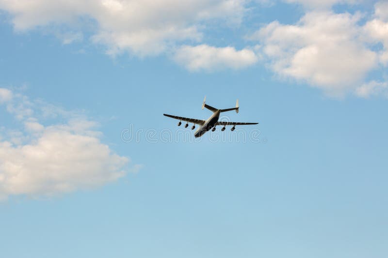 Kyiv, Ukraine - August 22., 2021: Airplane Antonov AN-225 Mriya, world's largest transport aircraft. It was destroyed at Hostomel airfield after russian invasion to Ukraine in 2022. Kyiv, Ukraine - August 22., 2021: Airplane Antonov AN-225 Mriya, world's largest transport aircraft. It was destroyed at Hostomel airfield after russian invasion to Ukraine in 2022