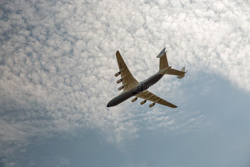 Kyiv, Ukraine - August 22., 2021: Airplane Antonov AN-225 Mriya, world's largest transport aircraft. It was destroyed at Hostomel airfield after russian invasion to Ukraine in 2022. Kyiv, Ukraine - August 22., 2021: Airplane Antonov AN-225 Mriya, world's largest transport aircraft. It was destroyed at Hostomel airfield after russian invasion to Ukraine in 2022