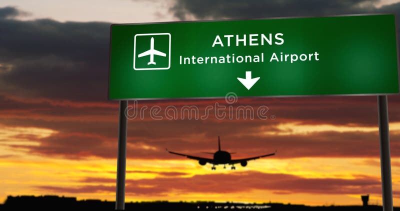 Samolot lądujący na lotnisku w grecji athens z szyldem ilustracji