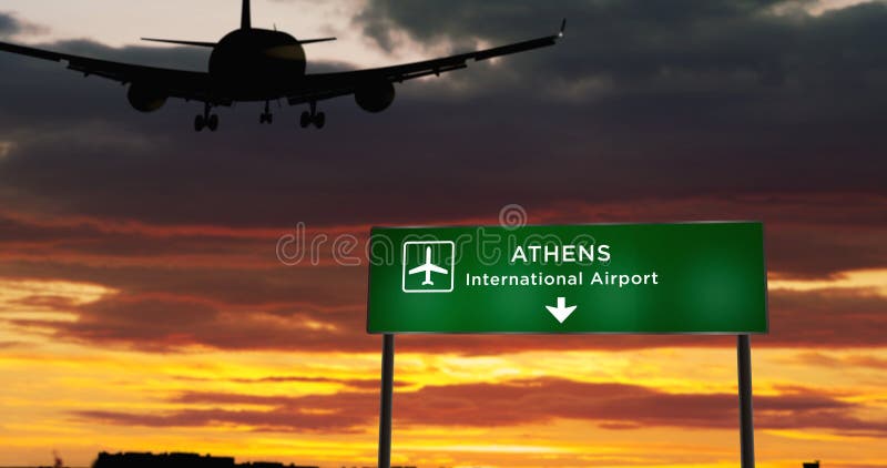 Samolot lądujący na lotnisku w grecji athens z szyldem ilustracji