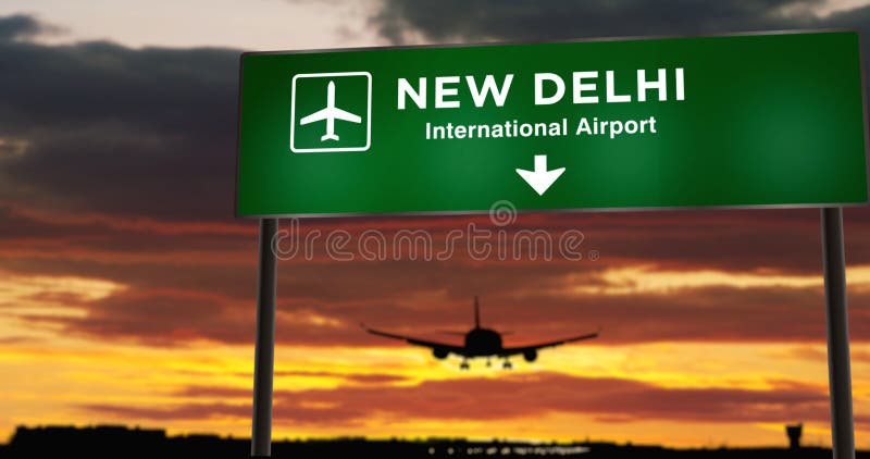 Samolot lądujący w New Delhi z szyldem ilustracji