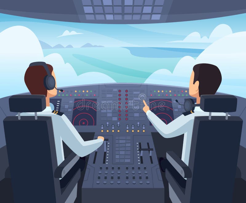 Samolotowy kokpit Piloci siedzi przód deska rozdzielcza samolot wśrodku wektorowych kreskówek ilustracji