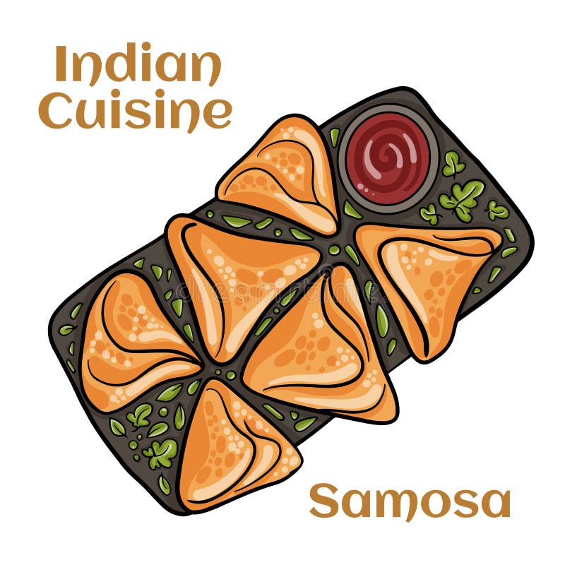 Samosa with Fresh Mint Dipping Sauce, Indian Food Stock Illustration