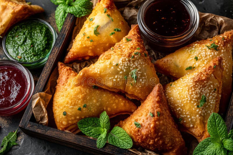 Samosas de legumes cinzas servidas com molho verde e vermelho foto de stock