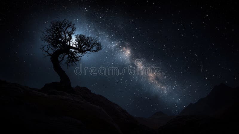Samotne drzewo stoi na skalistym zboczu sylwetki przeciwstawiając się wysadzonemu nocnemu niebu. Obraz przedstawia samotne drzewo stojące na skalistym wzgórzu sylwetce na gwiaździstym nocnym niebie. Drzewa skręcone pnia i gałęzie sięgają w górę, tworząc poczucie głębokości i skali. Niebo wypełnione jest licznymi gwiazdami, a galaktyka Drogi Mlecznej rozciąga się na tle jasnych białych i niebieskich barw kontrastujących z ciemnym niebieskim nocnym niebem. Wzgórze, na którym drzewo stoi, jest ciemne i skaliste, przynosząc wzruszające piękno sceny. Obraz jest wychwytywany pod niskim kątem, podkreślając wysokość drzew i ich wyróżnienie w krajobrazie. generowane przez algorytmy sztuczne