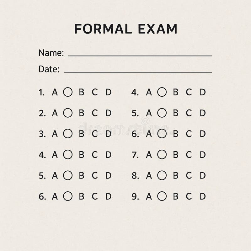 Formal Exam Paper Mockup Stock Photo for Testing. A sample exam paper layout with a title "Formal Exam" at the top. Below, lines for "Name" and "Date" are provided. The format includes numbered multiple-choice questions (1 to 9), each with options A, B, C, and D presented in a row. Circular bubbles next to each option are for marking answers. The design is minimalist with a light beige background and black text.