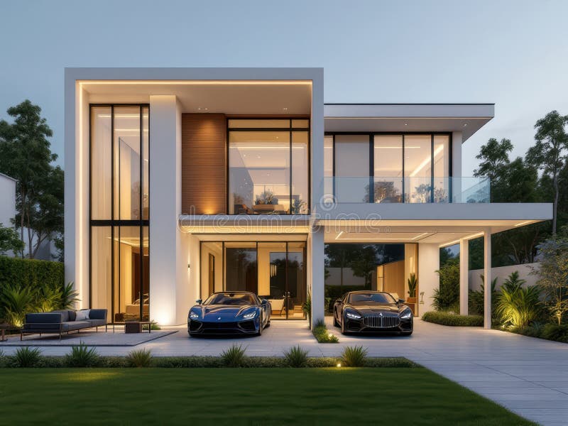 3D rendering of luxury modern villa house with sleek architectural design, floor-to-ceiling windows, and ambient lighting.