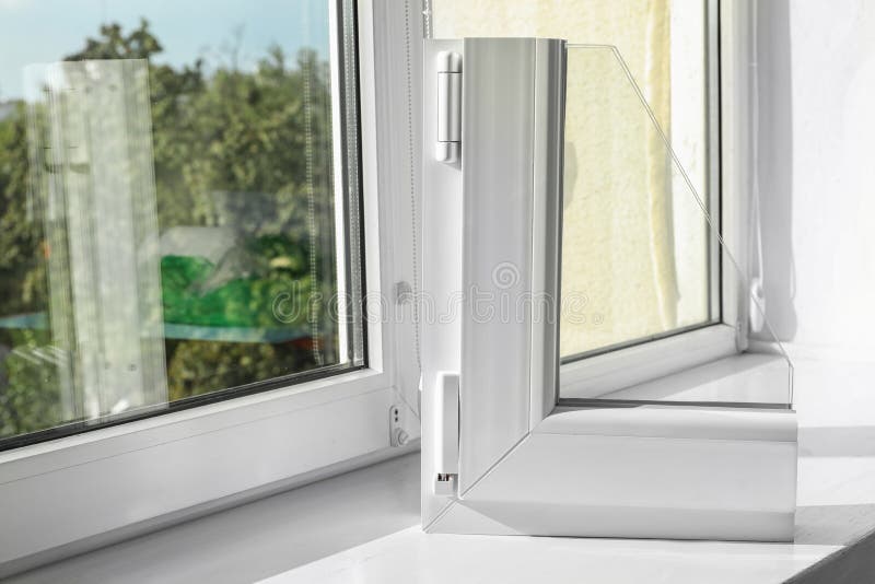 Sample of modern window profile on sill stock photos