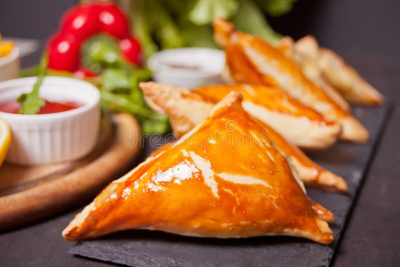 Samsa with Dipping Sauces. Delicious Homemade Samosas Stock Photo