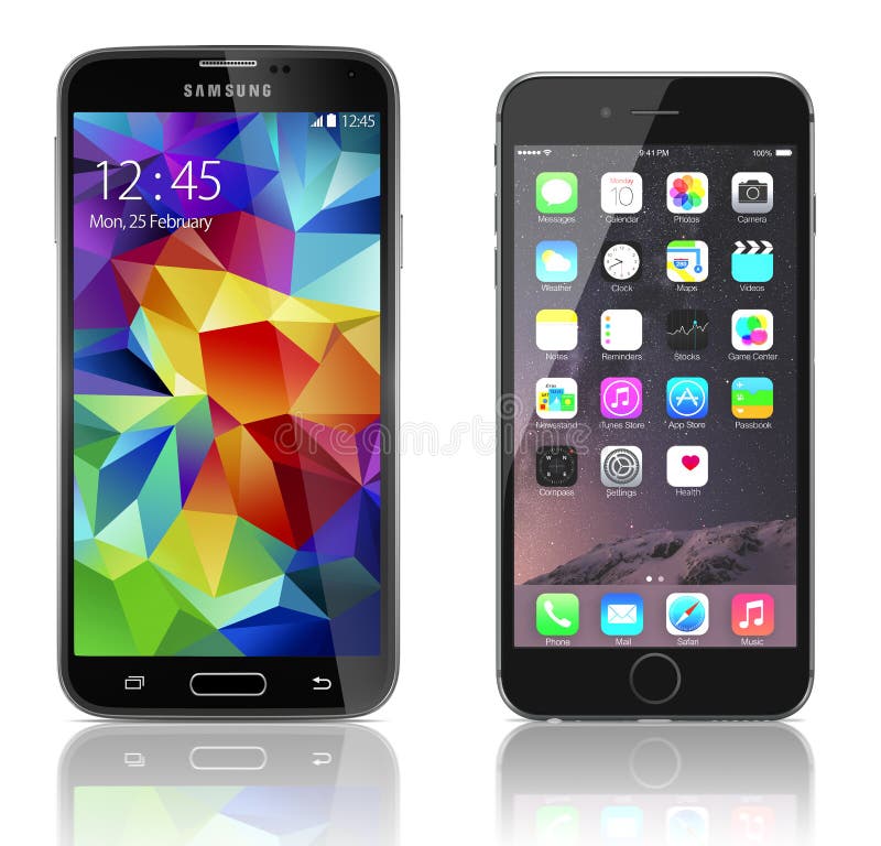 Samsung galax S5 vs Apple iPhone 6 stock illustrationer Samsung galax S5 vs Apple iPhone 6 stock illustrationer