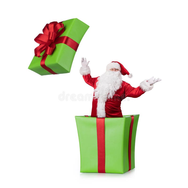 Samta Klaus Herausspringen des Weihnachtskastens lizenzfreie stockfotos Samta Klaus Herausspringen des Weihnachtskastens lizenzfreie stockfotos