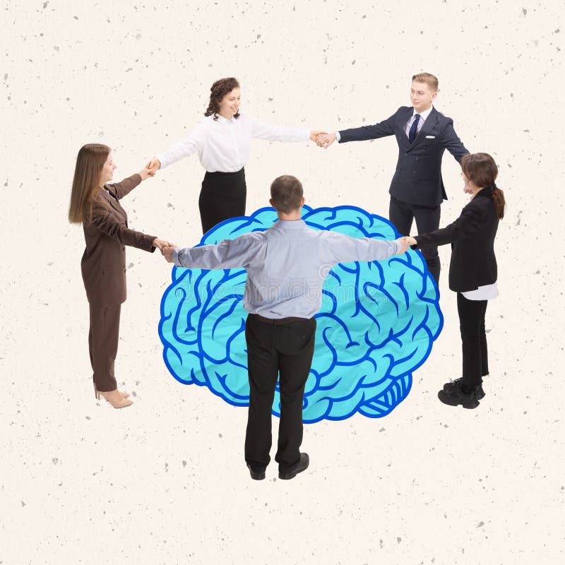 Contemporary artwork. Employees, programmers standing in a circle around brain, working on development artificial intelligence. Concept of IT, support, online business, teamwork, modern technologies. Contemporary artwork. Employees, programmers standing in a circle around brain, working on development artificial intelligence. Concept of IT, support, online business, teamwork, modern technologies