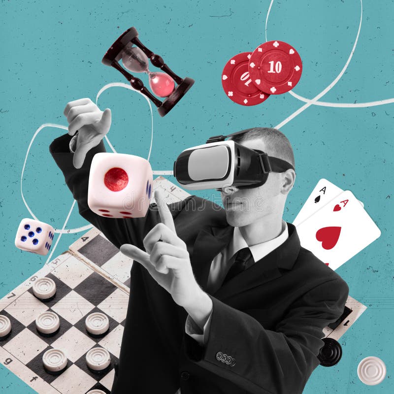 Contemporary art collage. Creative design. Young man, gamer in VR glasses playing different online games. Betting. Concept of game, hobby, leisure time, intellectual game strategy, creativity. Contemporary art collage. Creative design. Young man, gamer in VR glasses playing different online games. Betting. Concept of game, hobby, leisure time, intellectual game strategy, creativity