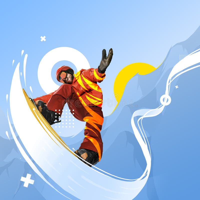 Samtida konsthamling. kreativ grafik. professionell sportsman snowboarder vid isolerad sotning av sportkläder arkivbild
