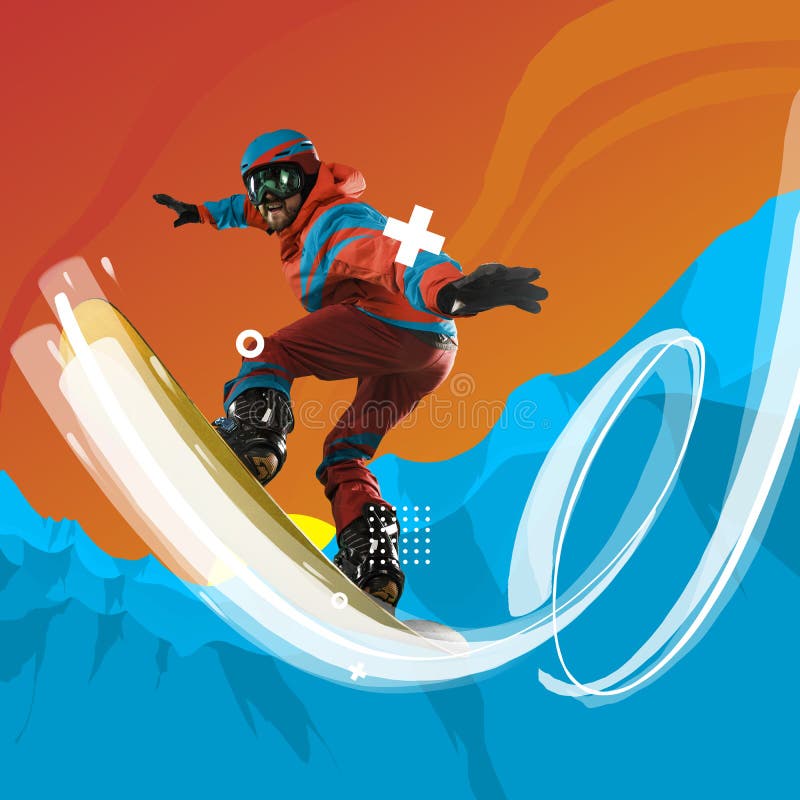 Samtida konsthamling. kreativ grafik. professionell sportsman snowboarder vid isolerad sotning av sportkläder royaltyfria foton