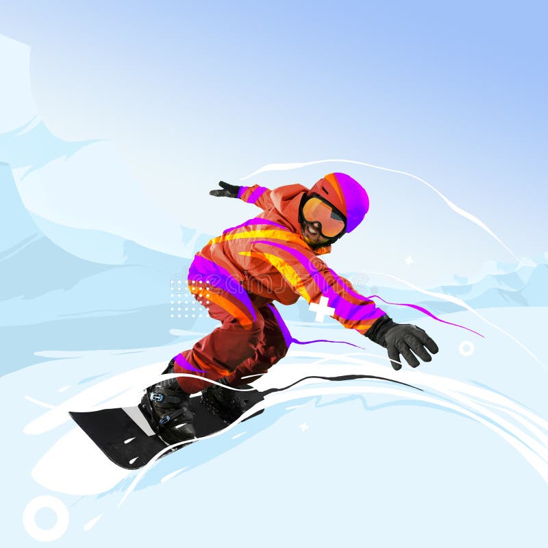 Samtida konsthamling. kreativ grafik. professionell sportsman snowboarder vid isolerad sotning av sportkläder vektor illustrationer