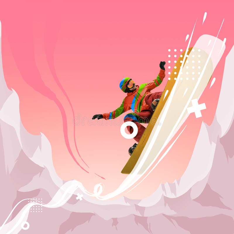 Samtida konsthamling. kreativ grafik. professionell sportsman snowboarder vid isolerad sotning av sportkläder arkivbild