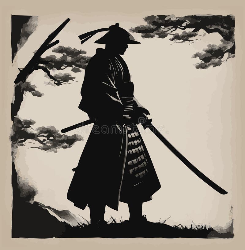 Samurai on ink japanese background. Vector editable image vector illustration