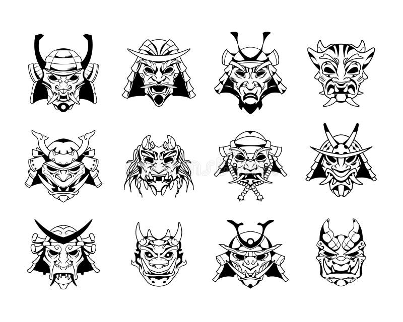 Samurai Mask. Hand Drawn Japanese Warrior Helmet Tattoo. Medieval Bushido  Demon Engraving Stock Vector - Illustration of mask, japanese: 237595816