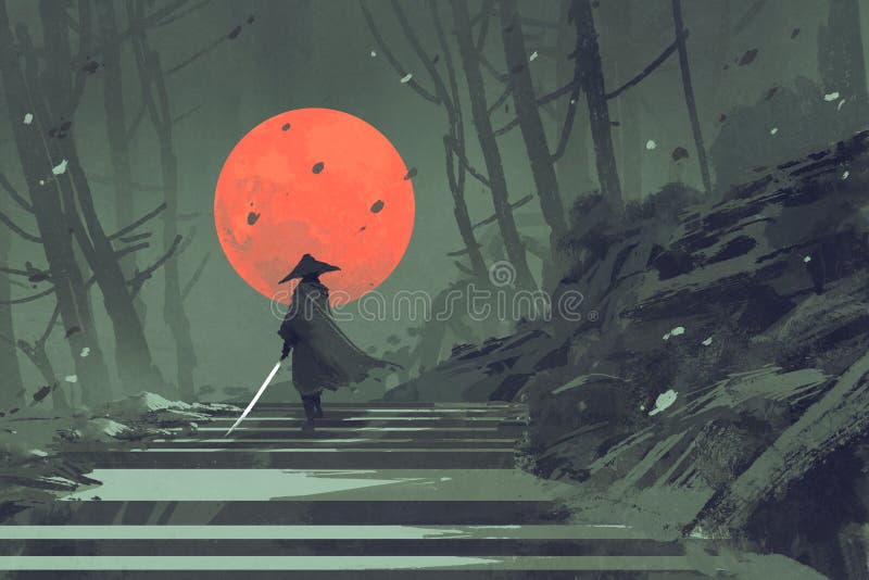 Samurai que se coloca en la escalera en bosque de la noche con la luna roja en fondo ilustración del vector Samurai que se coloca en la escalera en bosque de la noche con la luna roja en fondo ilustración del vector