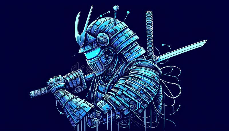 Samurai robotic futurist cu armură albastră complexă royalty free illustration