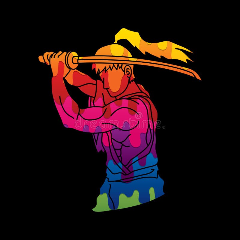 Samurai with Sword Katana, Sword Man Ready To Fight Stock Vector