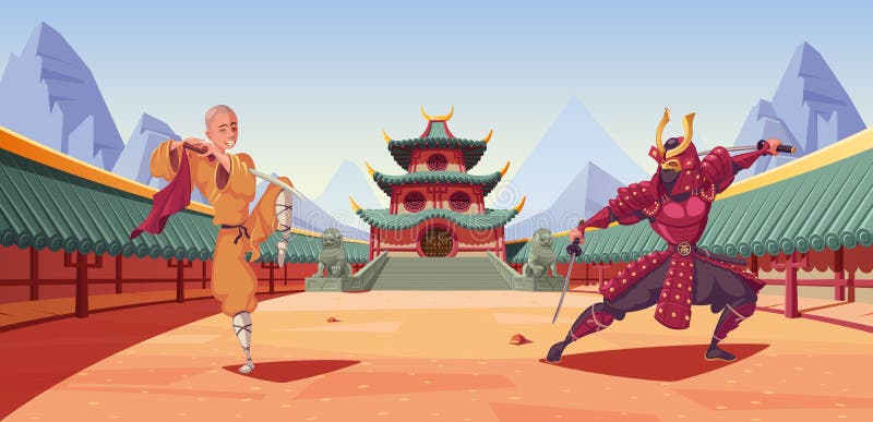 Samurai und Shaolin Kampf in alten Tempel Vektor Illustration vektor abbildung