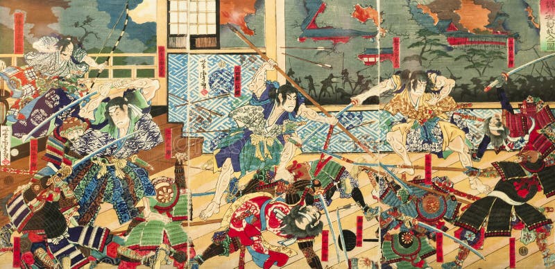 Samuraj bitwa na starych Japońskich Tradycyjnych obrazach
