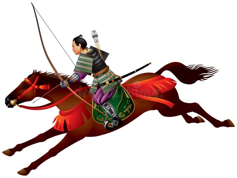 Samurai Horseman with the bow, Mounted Samurai Archer, Japanese Samurai Riding a Horse, Yabusame horse-back archery, Bushi, Bushido, Japan warrior realistic vector illustration. Samurai Horseman with the bow, Mounted Samurai Archer, Japanese Samurai Riding a Horse, Yabusame horse-back archery, Bushi, Bushido, Japan warrior realistic vector illustration