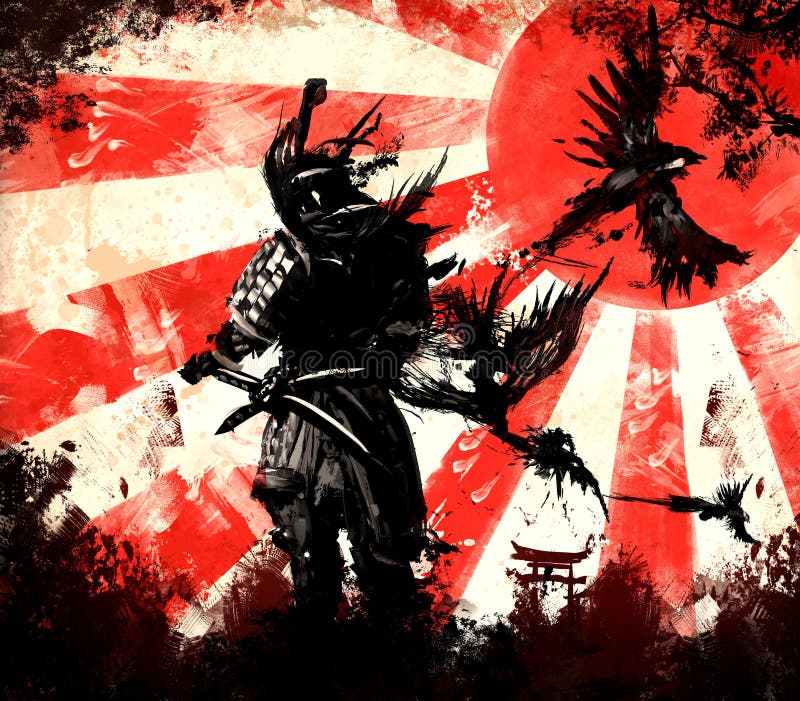 Samurai from which birds fly, stands against the backdrop of a bright sunset. Samurai from which birds fly, stands against the backdrop of a bright sunset