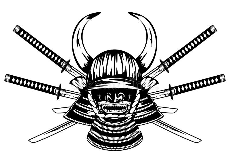Samurai helmet with horns menpo with yodare-kake, crossed katanas. Samurai helmet with horns menpo with yodare-kake, crossed katanas