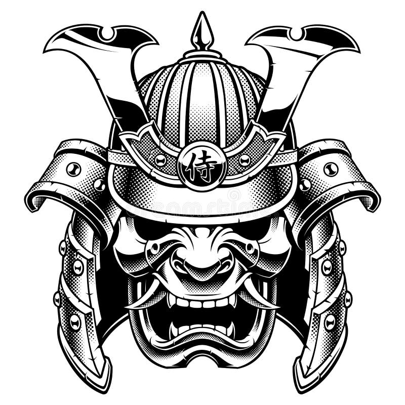 Samurai warrior mask. Traditional armor of japanese warrior. Vector illustration, shirt graphic. Isolated on white background. Monochrome version. Samurai warrior mask. Traditional armor of japanese warrior. Vector illustration, shirt graphic. Isolated on white background. Monochrome version.