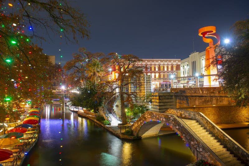 San Antonio River Walk på natten, Texas, USA
