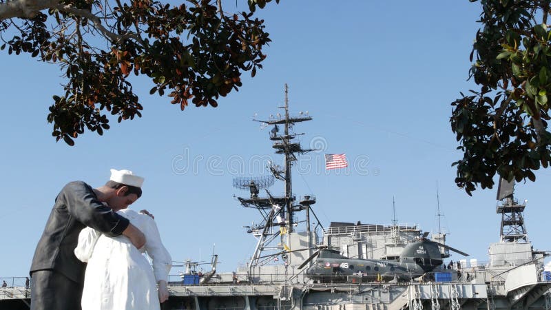 SAN DIEGO, CALIFORNIA USA - 23 FEB 2020: Unconditional Surrender Statue, USS Midway Museum. Symbol of navy fleet and Victory over