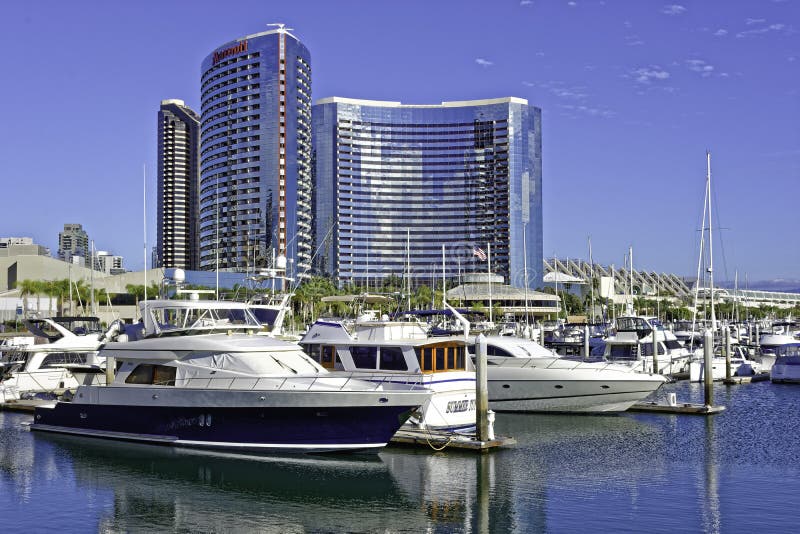 SAN DIEGO, CLAIFORNIA USA - NOVEMBER 5, 2017: Luxury yachts in Embarcadero Marina near Seaport Village in San Diego Bay with the S