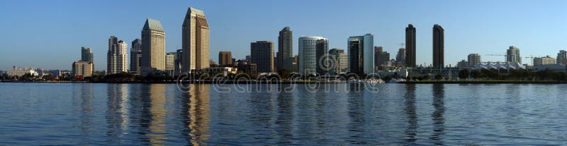 A panoramic view of downtown San Diego bathed in the golden glow of the early morning sunshine taken from the island of Coronado. A panoramic view of downtown San Diego bathed in the golden glow of the early morning sunshine taken from the island of Coronado.