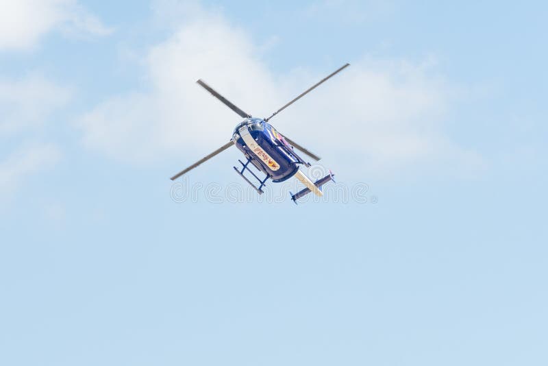 Red Bull aerobatic helicopter during the Miramar Air Show stock image Red Bull aerobatic helicopter during the Miramar Air Show stock image