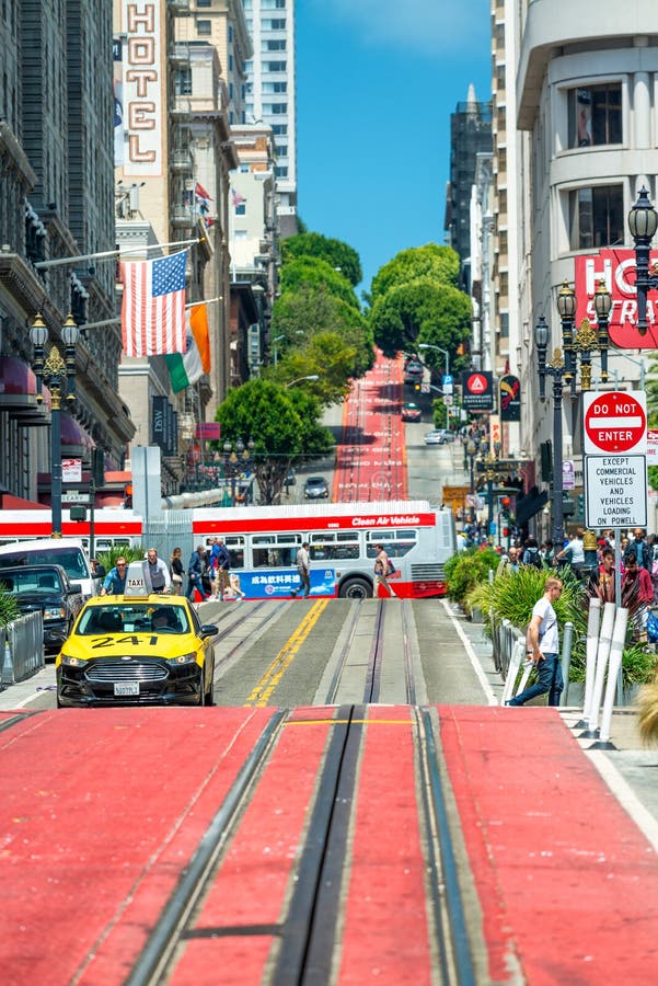 SAN FRANCISCO - AUGUST 6, 2017: Market street with tram lane in summer season