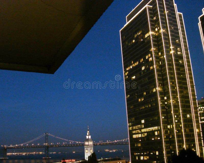 San Francisco Bay Bridge, Clock Tower, Night Holiday Lights Editorial