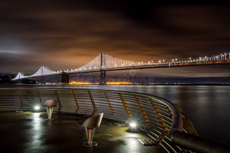 San Francisco Bay Bridge Night Lights Stock Image Image of california