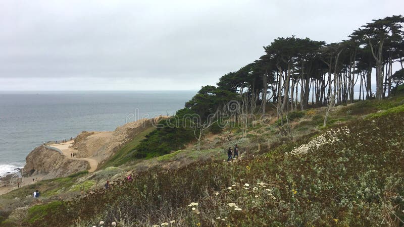 San Francisco, California - agosto 2017: Escursione della traccia vicino all'estremità dei bagni e delle terre di Sutro a San Fra immagine stock libera da diritti San Francisco, California - agosto 2017: Escursione della traccia vicino all'estremità dei bagni e delle terre di Sutro a San Fra immagine stock libera da diritti