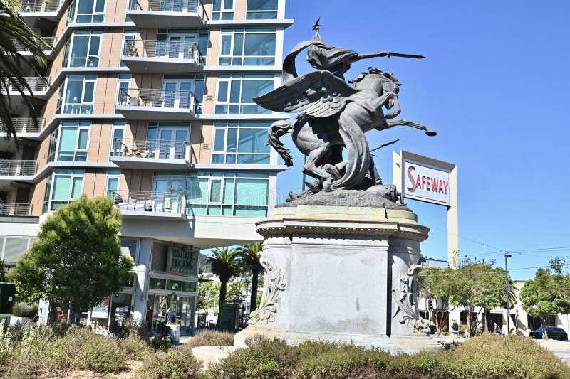 San Francisco California Volunteers Monument is a sculpture dedicated to the solders of the Spanish American War,of April through August 1898. Originally located on Van Ness Avenue at Market Street,the location was criticized as it made the statue,a granite base 10 feet (3 meters) tall holding the 16 foot (4.9 meter) tall by 10 foot (3 meter) long bronze sculpture look insignificant. This location,Dolores and Market Streets,was chosen as it really stands out much better. Although the figure riding the horse is supposed to be the ancient Roman Goddess Bellona,the Goddess of War,some people have thought it is Nike,the Greek Goddess of Victory. As seen 16 August 2023. San Francisco California Volunteers Monument is a sculpture dedicated to the solders of the Spanish American War,of April through August 1898. Originally located on Van Ness Avenue at Market Street,the location was criticized as it made the statue,a granite base 10 feet (3 meters) tall holding the 16 foot (4.9 meter) tall by 10 foot (3 meter) long bronze sculpture look insignificant. This location,Dolores and Market Streets,was chosen as it really stands out much better. Although the figure riding the horse is supposed to be the ancient Roman Goddess Bellona,the Goddess of War,some people have thought it is Nike,the Greek Goddess of Victory. As seen 16 August 2023.