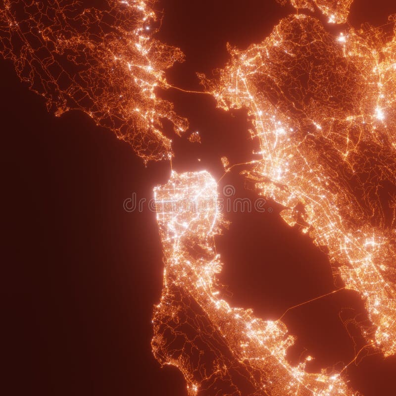 San Francisco City Lights Map, Top View from Space. Aerial View on