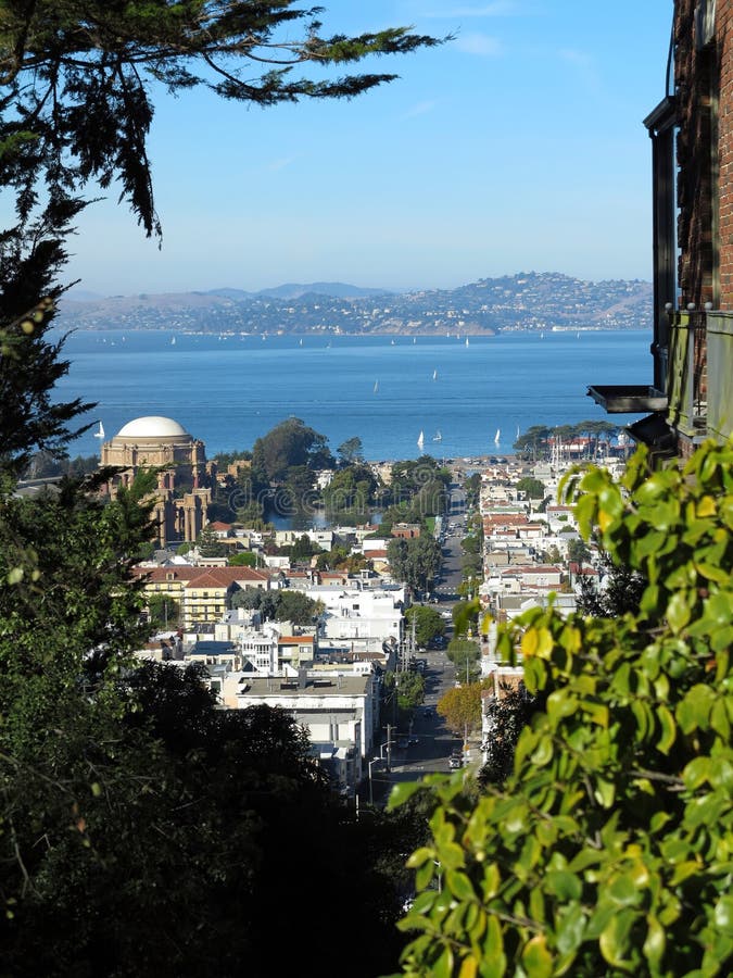 San Francisco from the hill with boats on the Bay