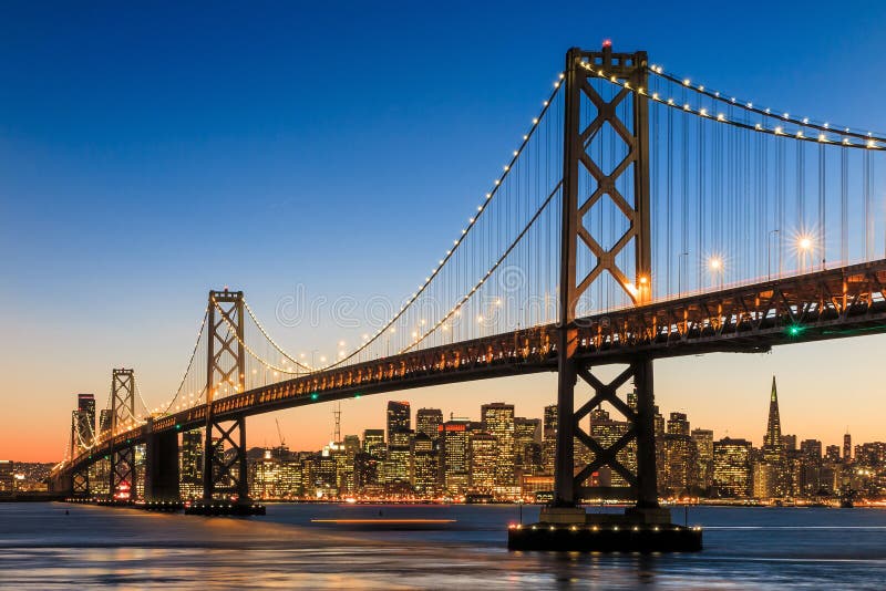 San Francisco skyline and Bay Bridge at sunset, California