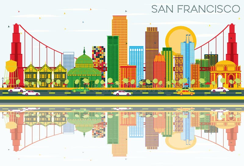San Francisco Skyline con los edificios del color, cielo azul y refleja stock de ilustración San Francisco Skyline con los edificios del color, cielo azul y refleja stock de ilustración
