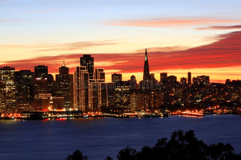 San Francisco Skyline At Night Stock Photo Image Of Bridge Panorama