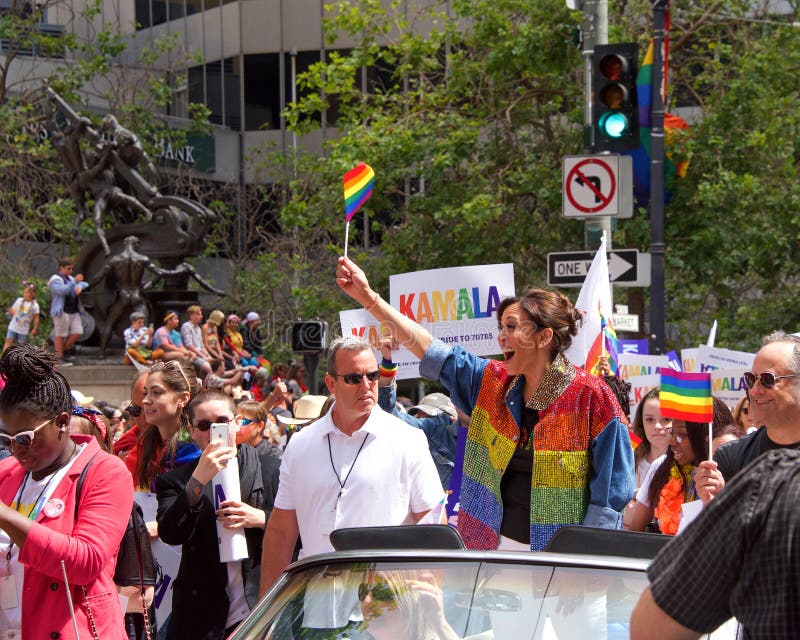 San Francisco, CA - June 30, 2019: Kamala Harris in the 49th annual Gay Pride Parade, one of the oldest and largest LGBTQIA parades in the world, over 200 contingents and more than 100,000 spectators. San Francisco, CA - June 30, 2019: Kamala Harris in the 49th annual Gay Pride Parade, one of the oldest and largest LGBTQIA parades in the world, over 200 contingents and more than 100,000 spectators